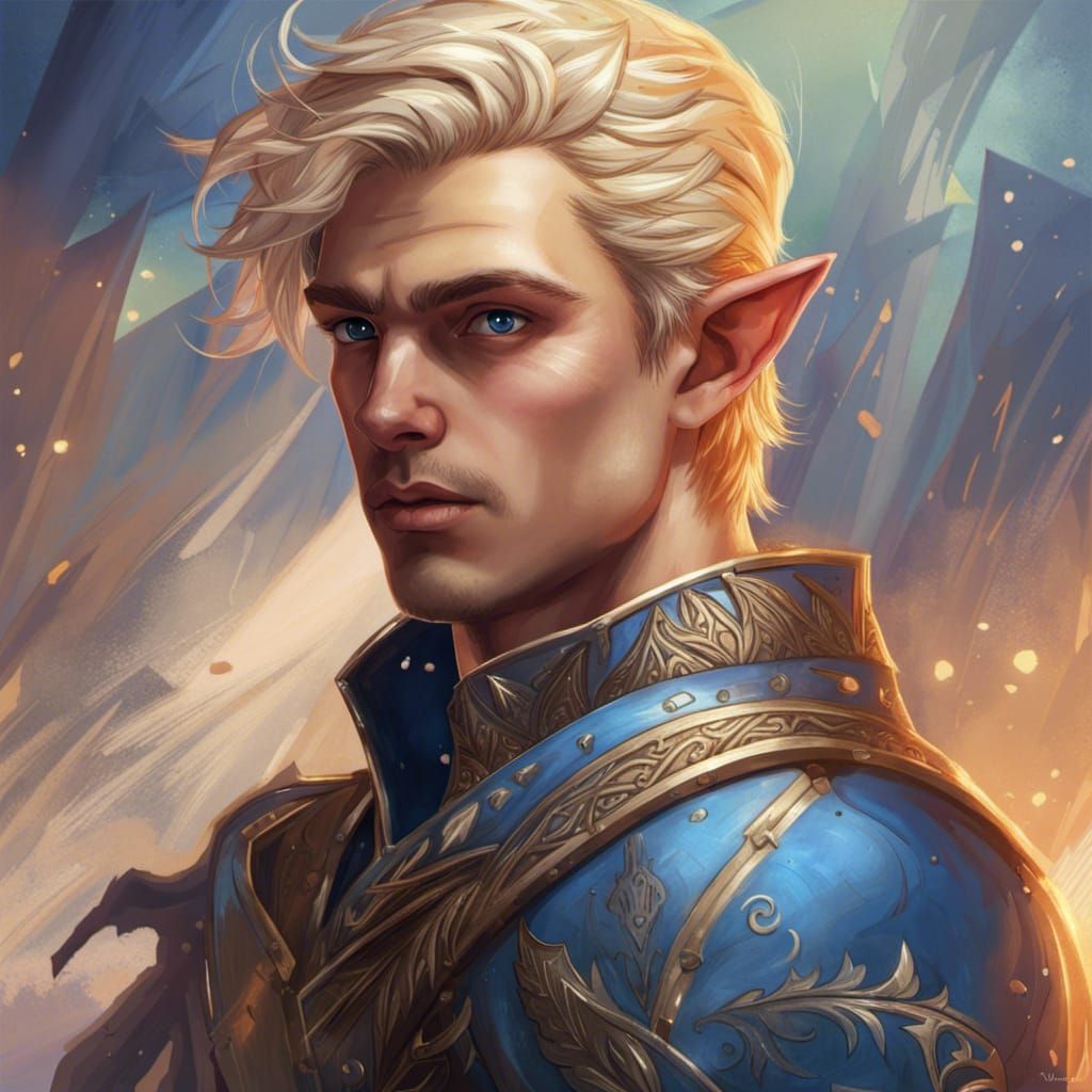 Young Elf in Blue Tunic Hyperrealistic Splash Art