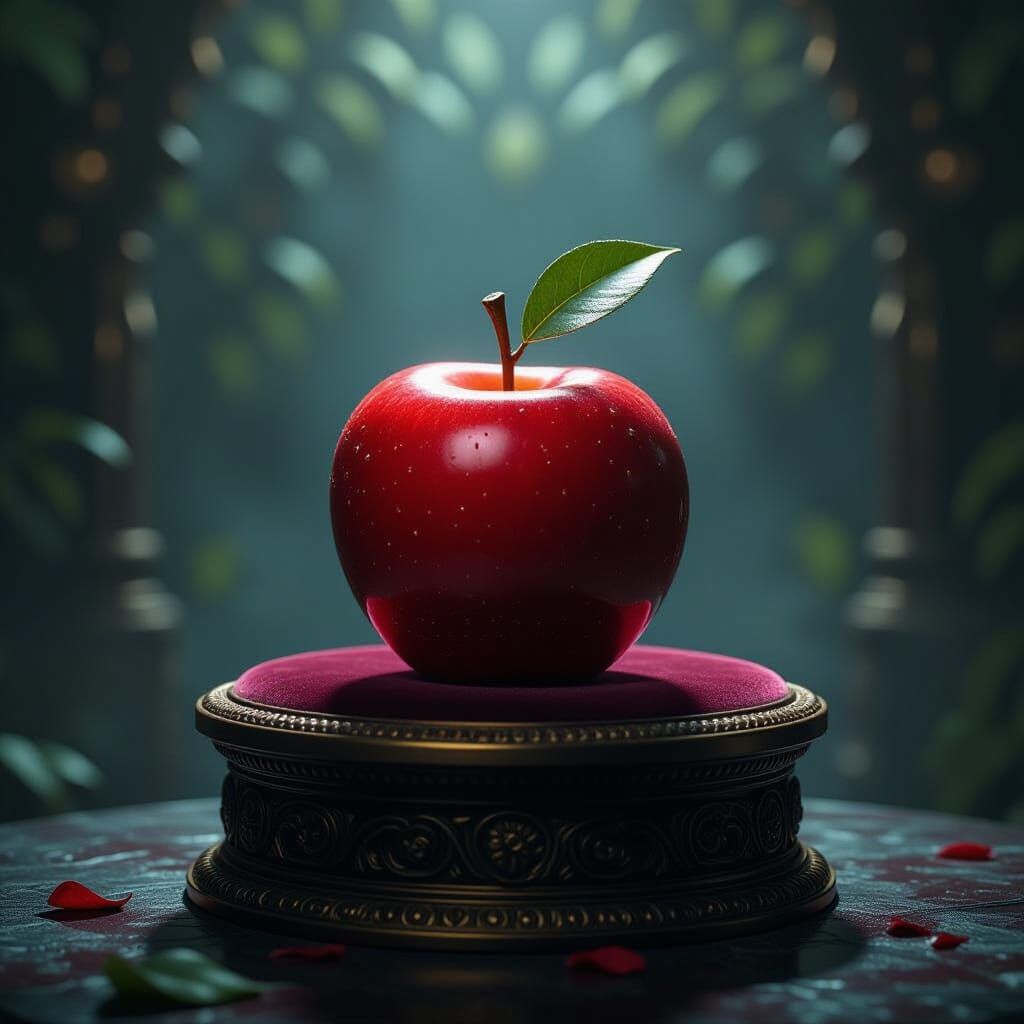 Forbidden Fruit on Velvety Pedestal in Golden Light