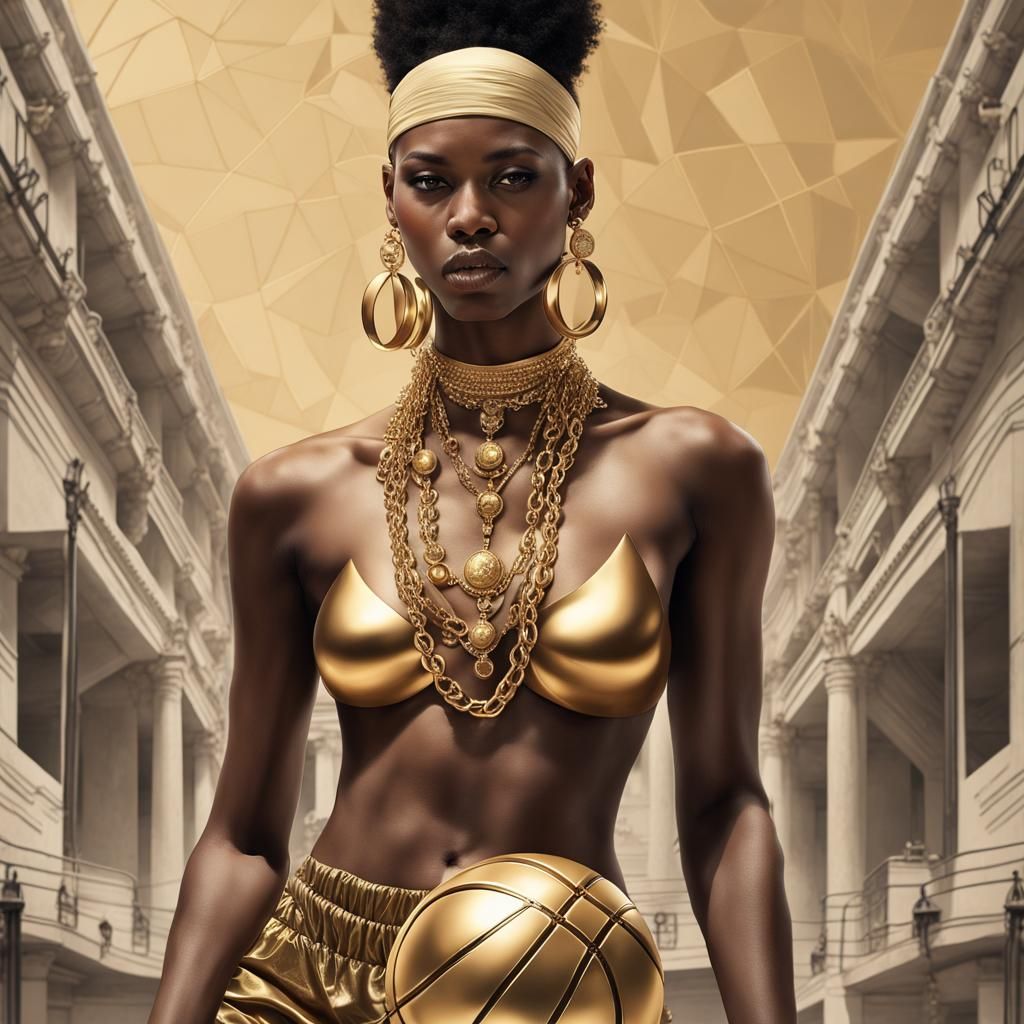 Opulent Digital Art: Woman with Gold, Basketball Aesthetic