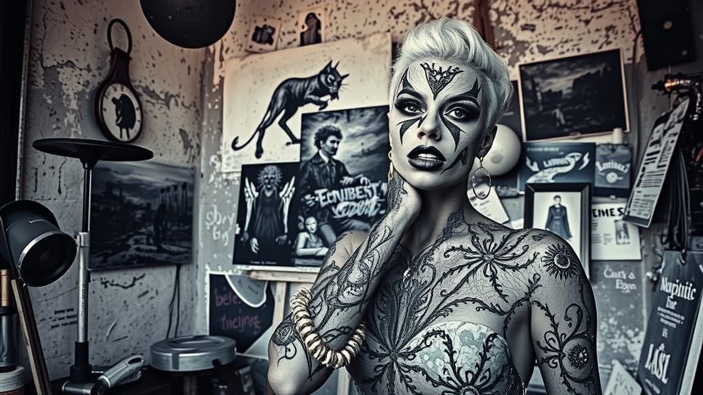 Gritty Goth Painter Fashion Model in B&W Studio
