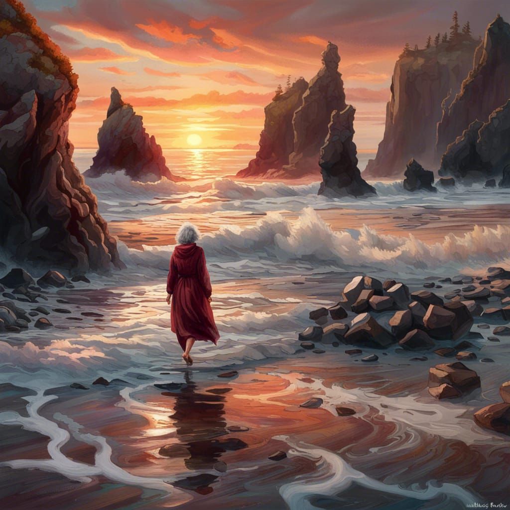 Sunset Stroll on a Rocky Shoreline