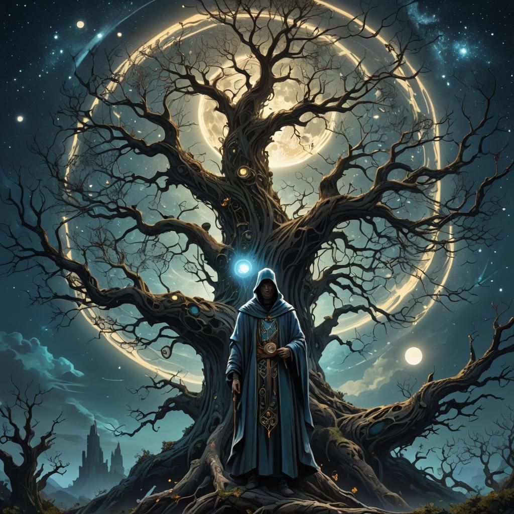 Ethereal Clockwork Tree Figure in Fantasy Art