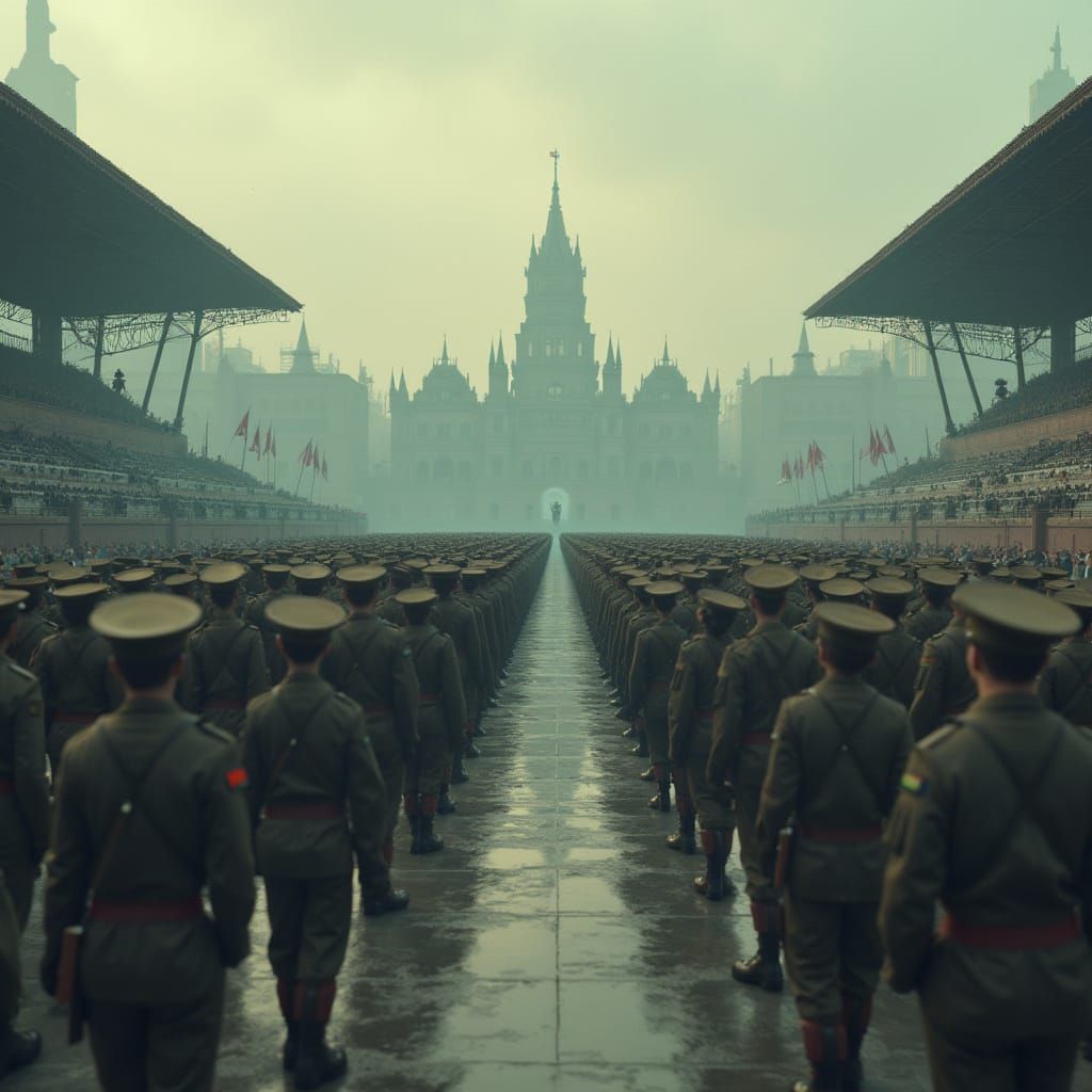 Dystopian Military Parade in Deserted City Square
