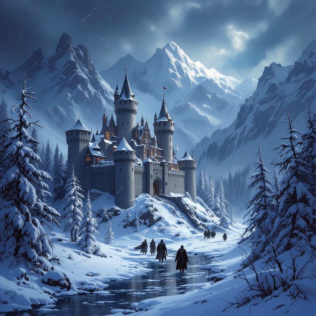 Medieval Castle in Winter Storm with Soldiers