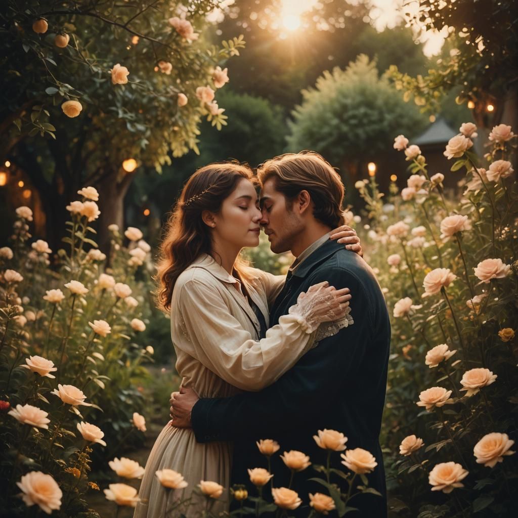 Romantic Embrace in Moonlit Garden: Cinematic Film Still