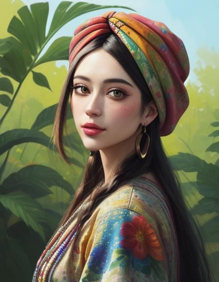 Hippie Girl Portrait as Impasto Gouache Painting