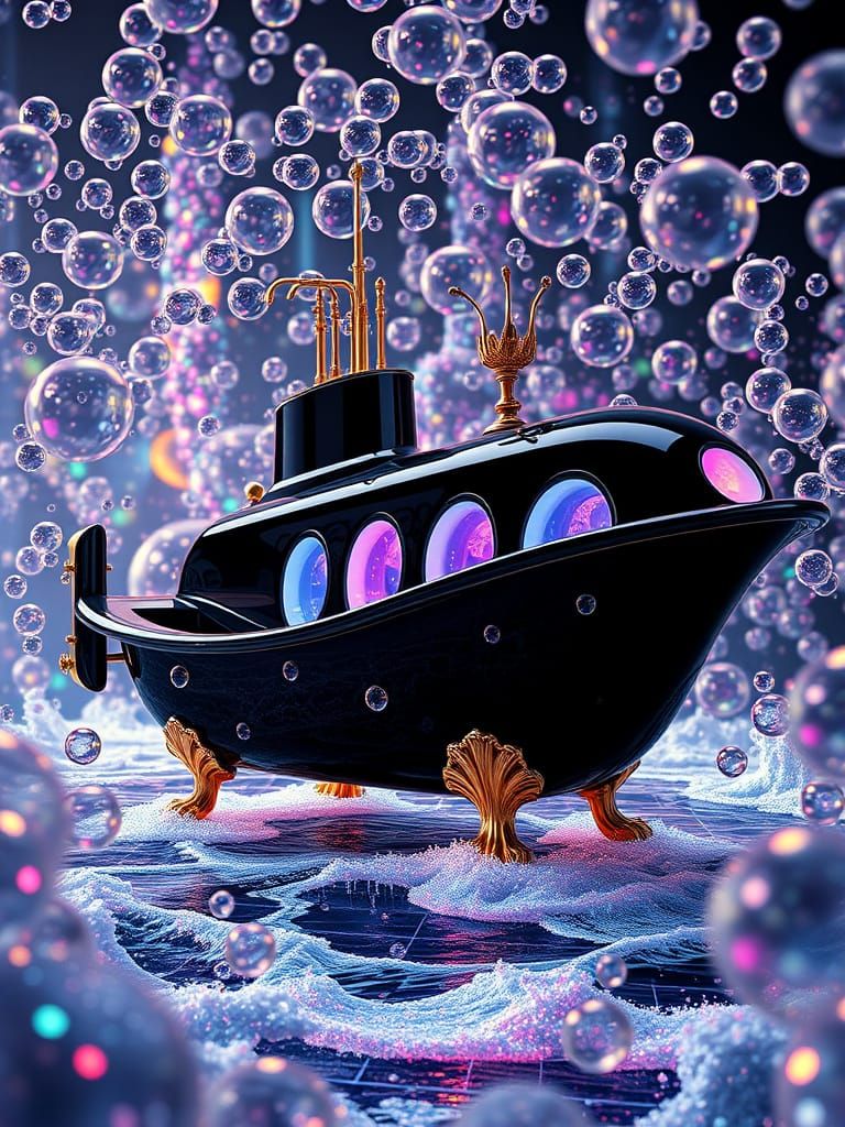 Surreal Nautilus Submarine in Bathtub with Bubbles