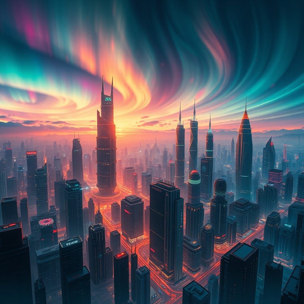 Futuristic Metropolis Cityscape at Dusk in Matte Painting St...