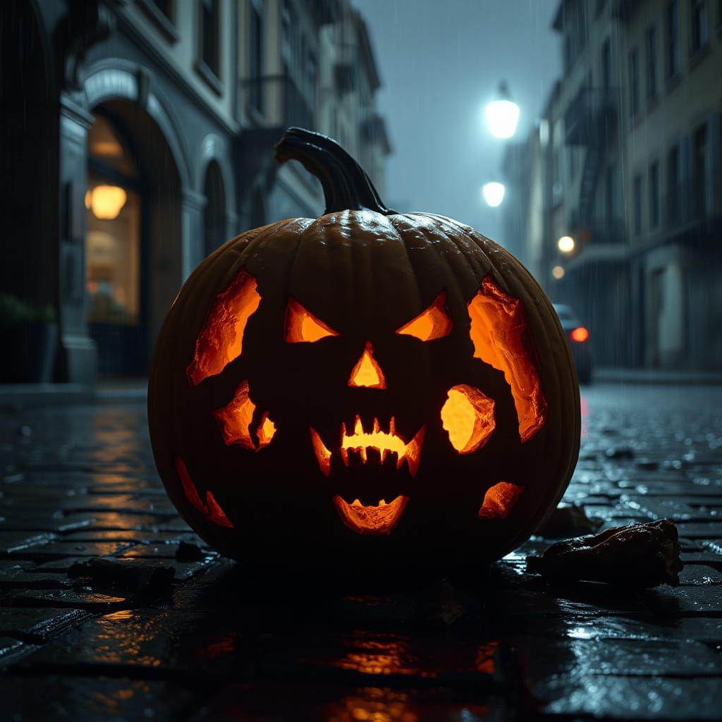 Lovecraftian Pumpkin God Emerges on Rainy Cobblestone Street