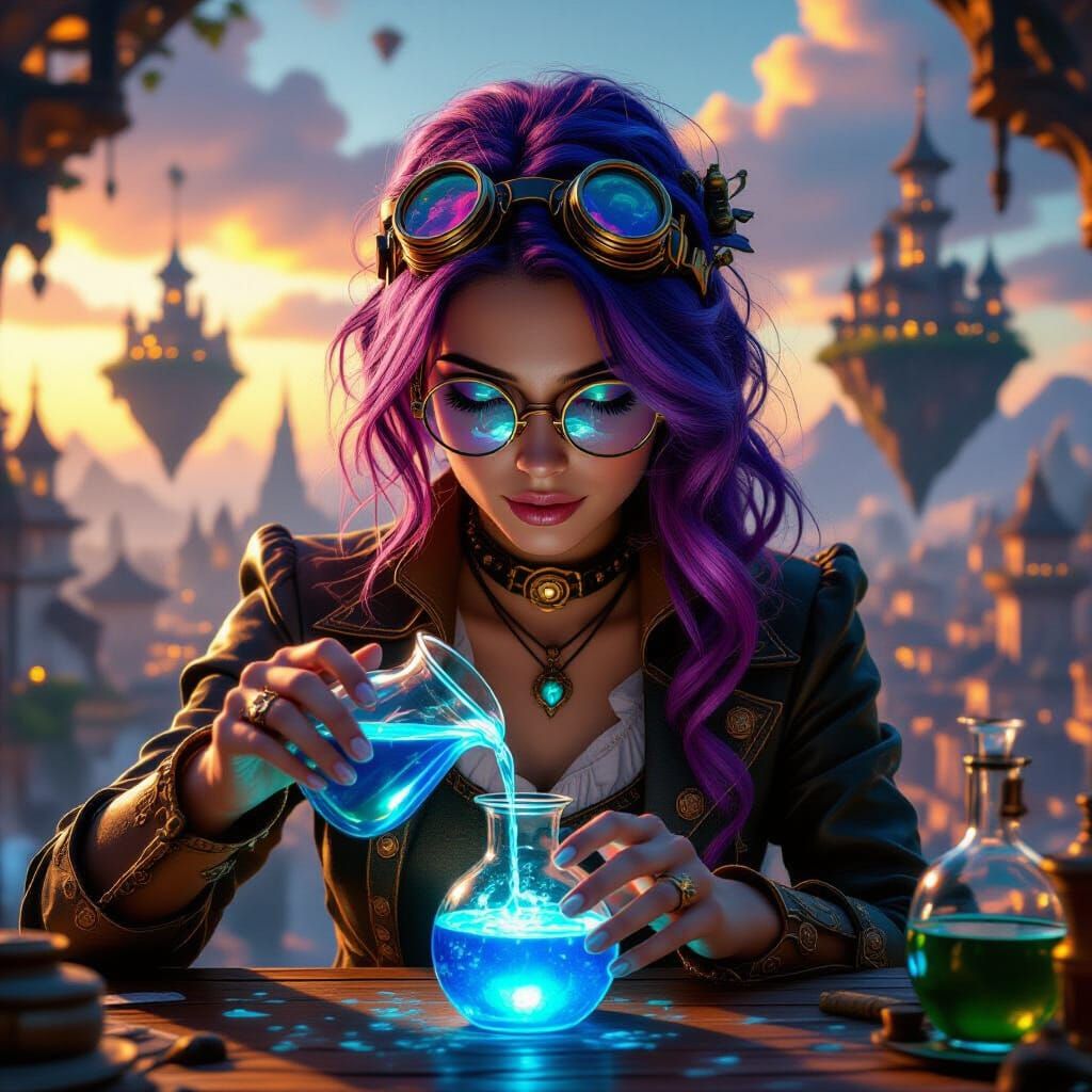 Steampunk Goggles Woman Pours Glowing Potion in Fantasy City