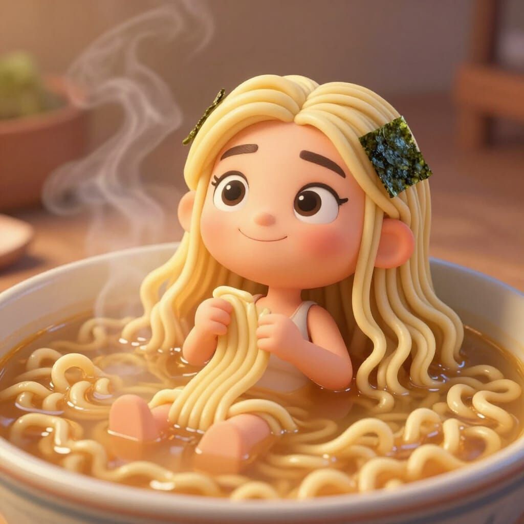 Whimsical Ramen Woman Relaxing in Broth