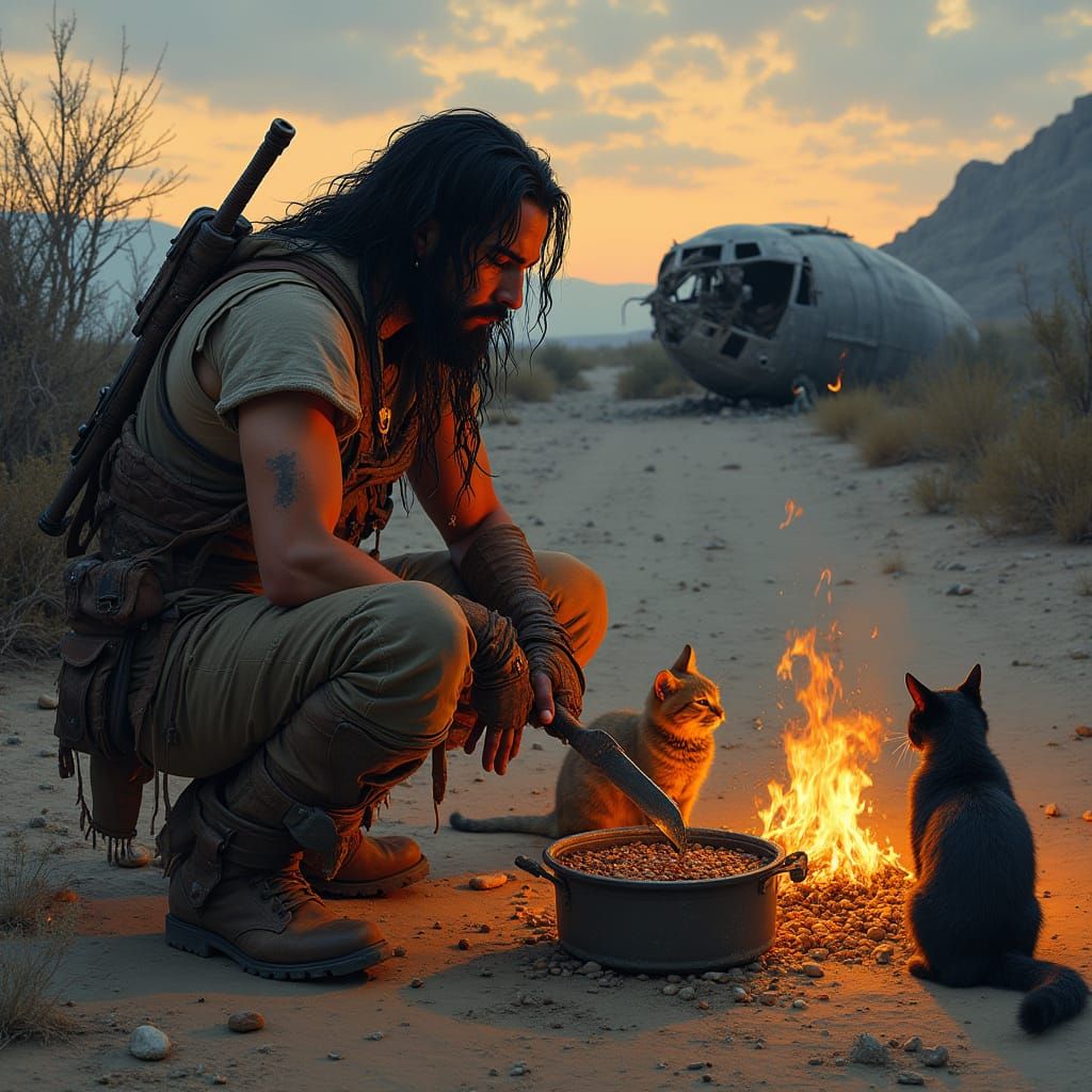 Post-Apocalyptic Survivor Cooking Meal by Fire