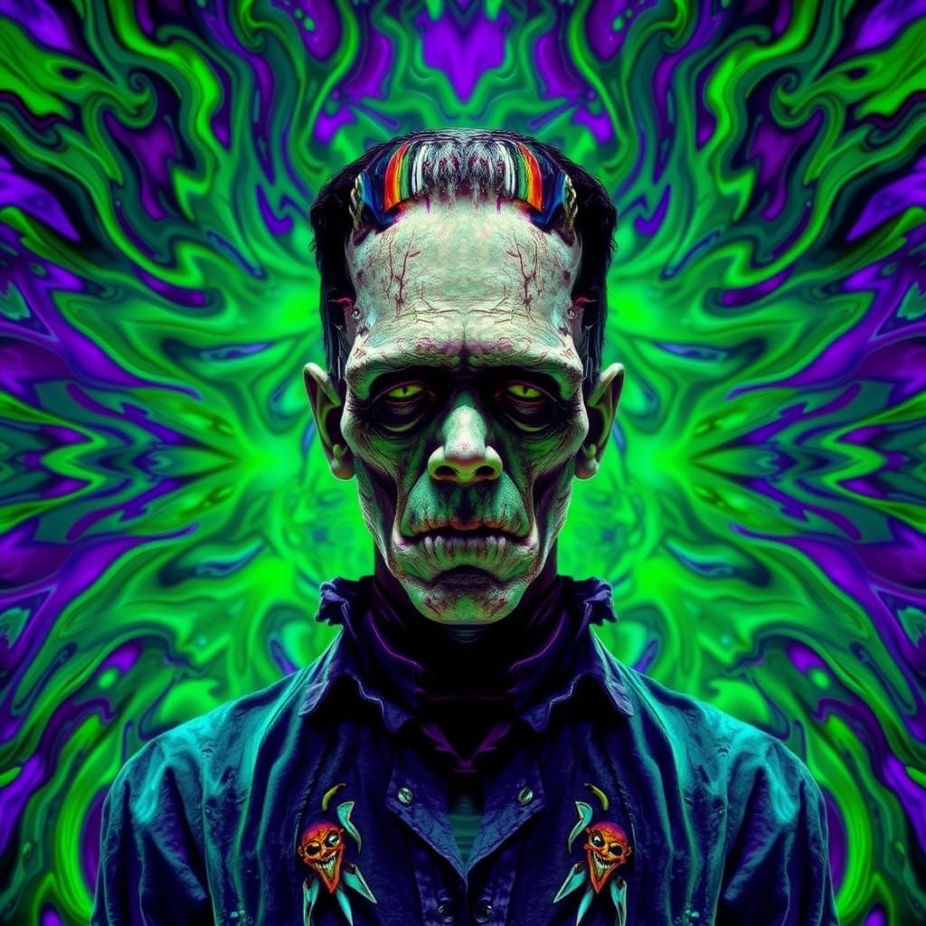 Kaleidoscopic Frankenstein's Monster in Glitch Art Style
