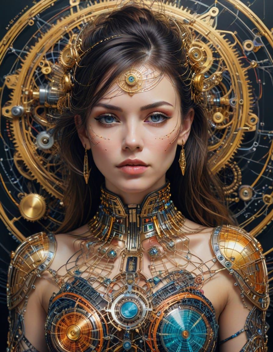 Hyperrealistic Portrait of a Futuristic Beauty in Golden Pun...