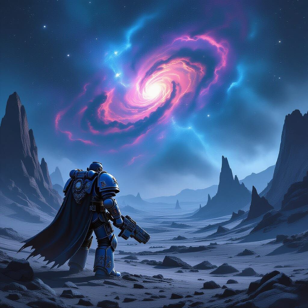 Warhammer Space Marine Gazes at Alien Nebula