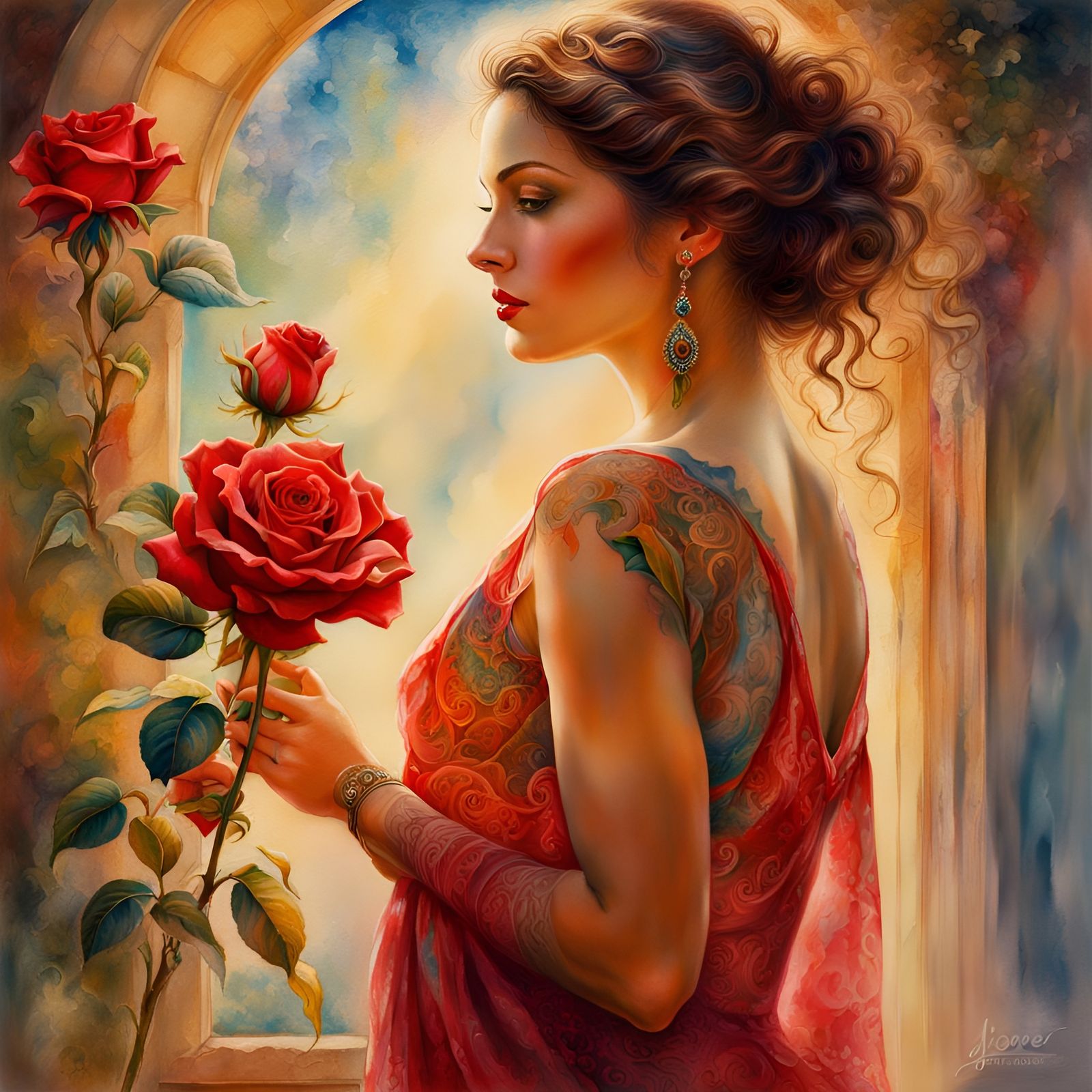 Voluptuous Woman with Rose Tattoo, Watercolor Art