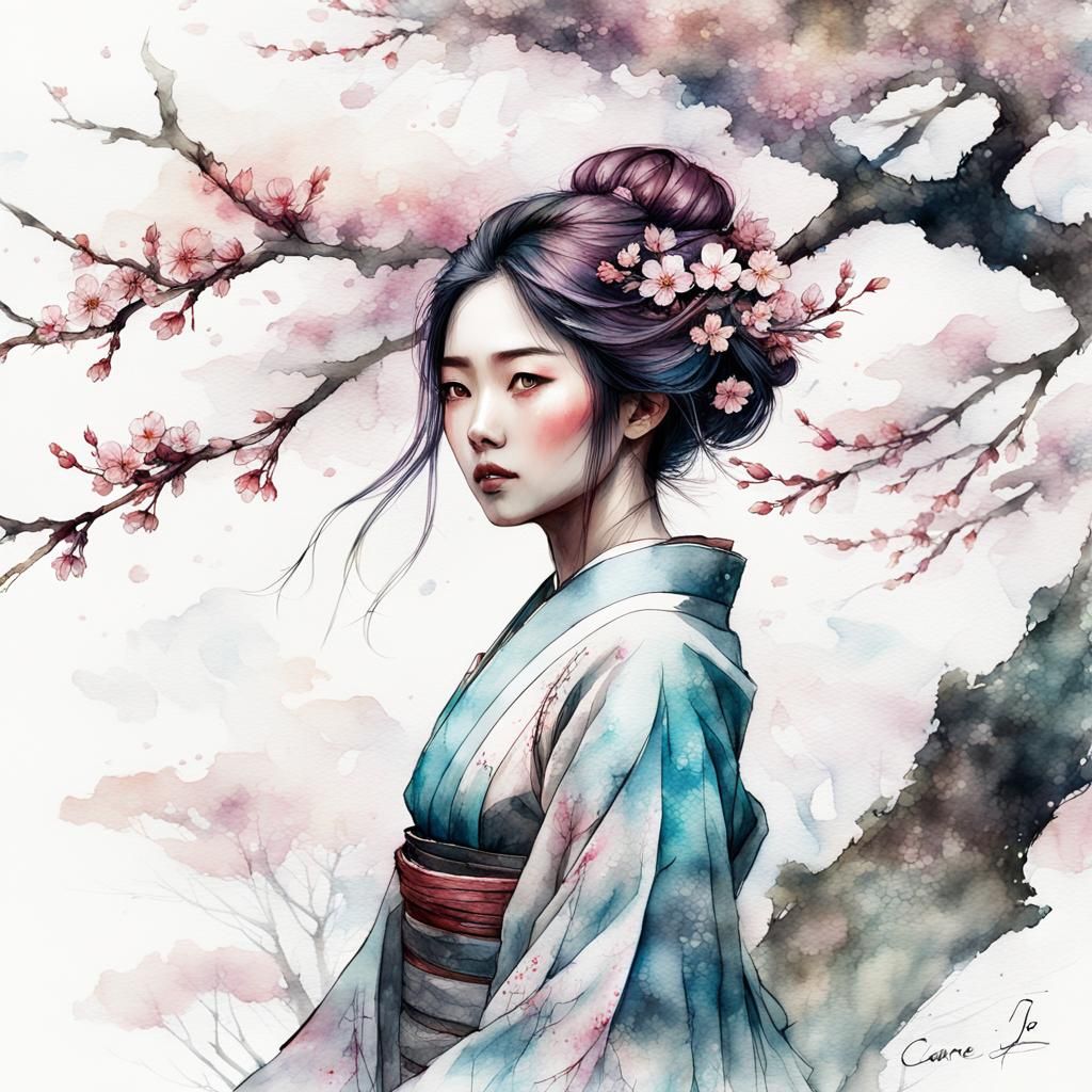 Fantasycore Portrait with Cherry Blossoms in Watercolor Styl...