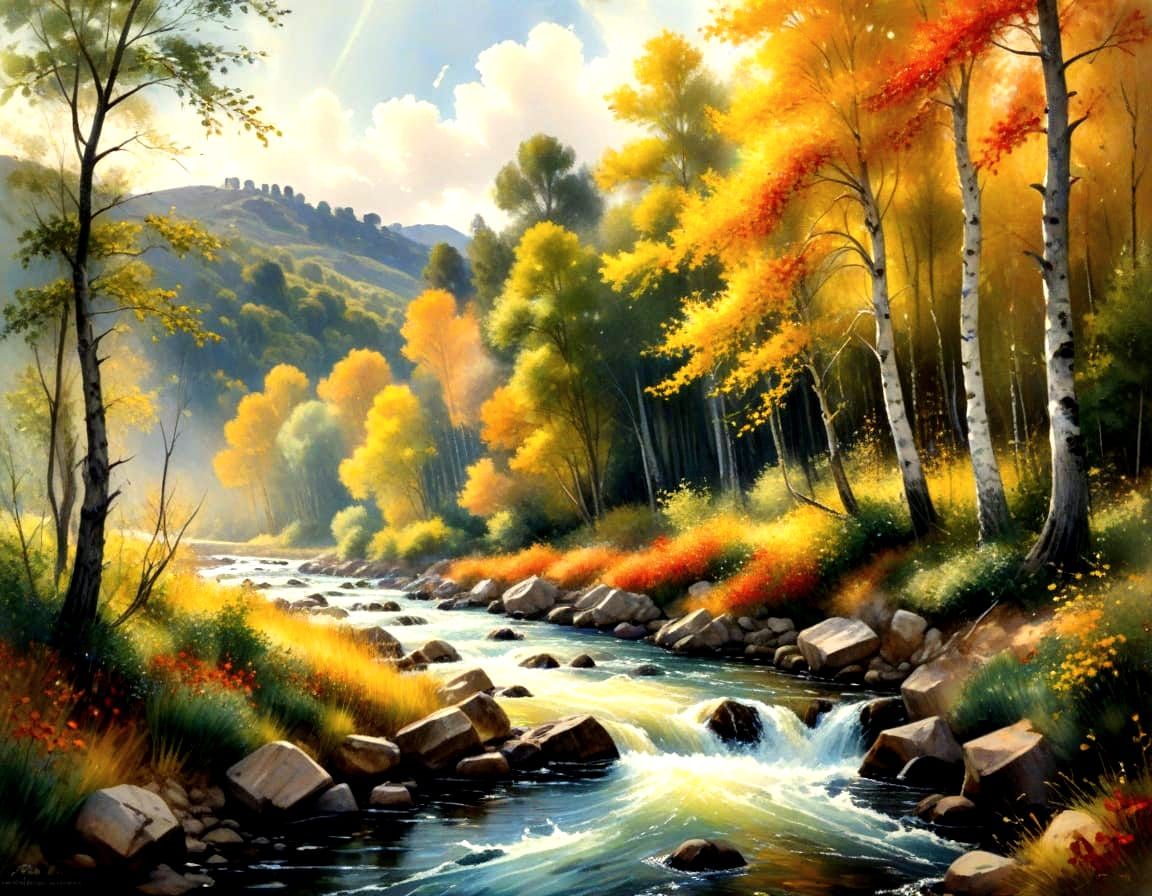 Whimsical Watercolor River Landscape in Vibrant Fall Colors
