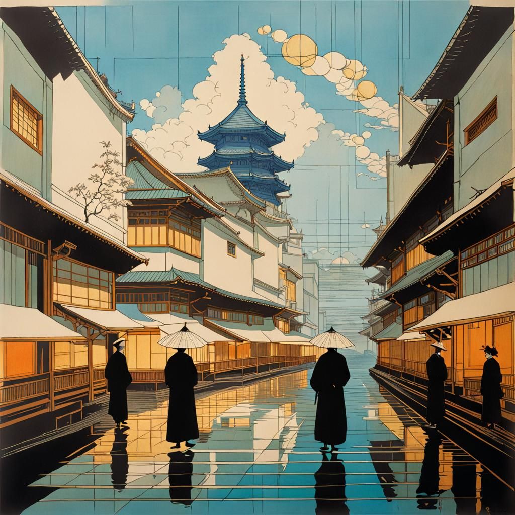 Japanese Castle: Ghibli Meets Moebius in Ukiyo-e Style