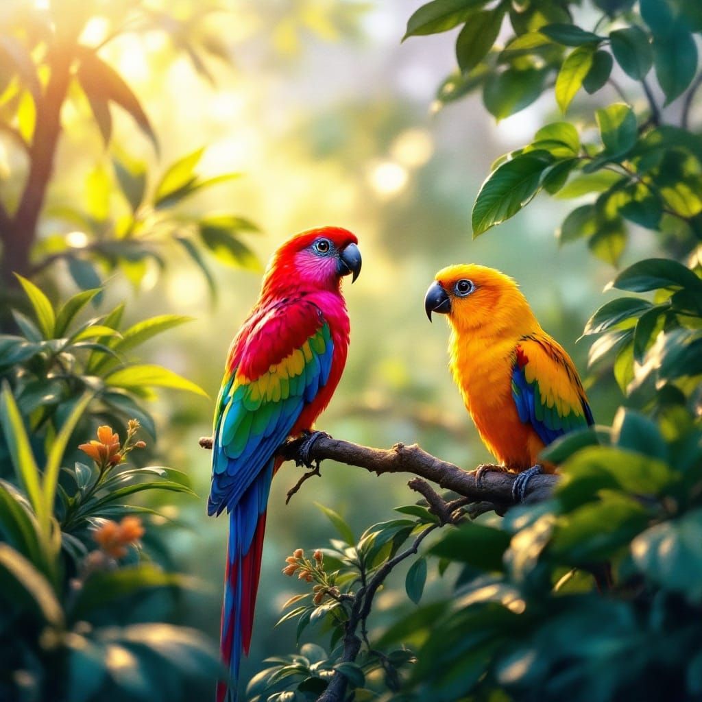 Vibrant Tropical Birds in Enchanted Rainforest