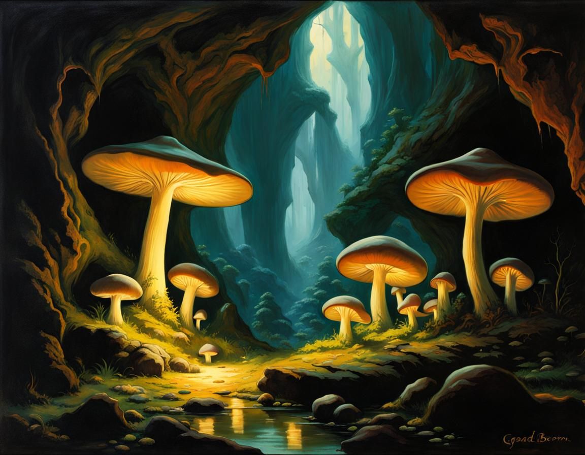 Glowing Mushroom in Dark Fantasy Cave