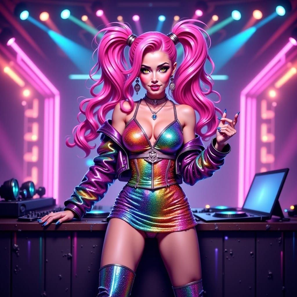 Lively Pop Star with Pink Hair in Neon Lights