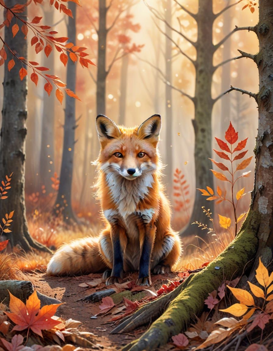 Red Fox in Autumn Forest: Watercolor Illustration