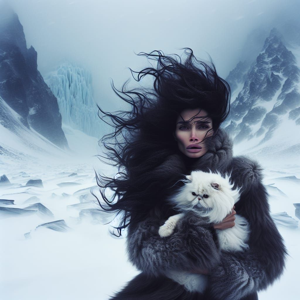 Isolated Woman Braves Winter Blizzard With Cat