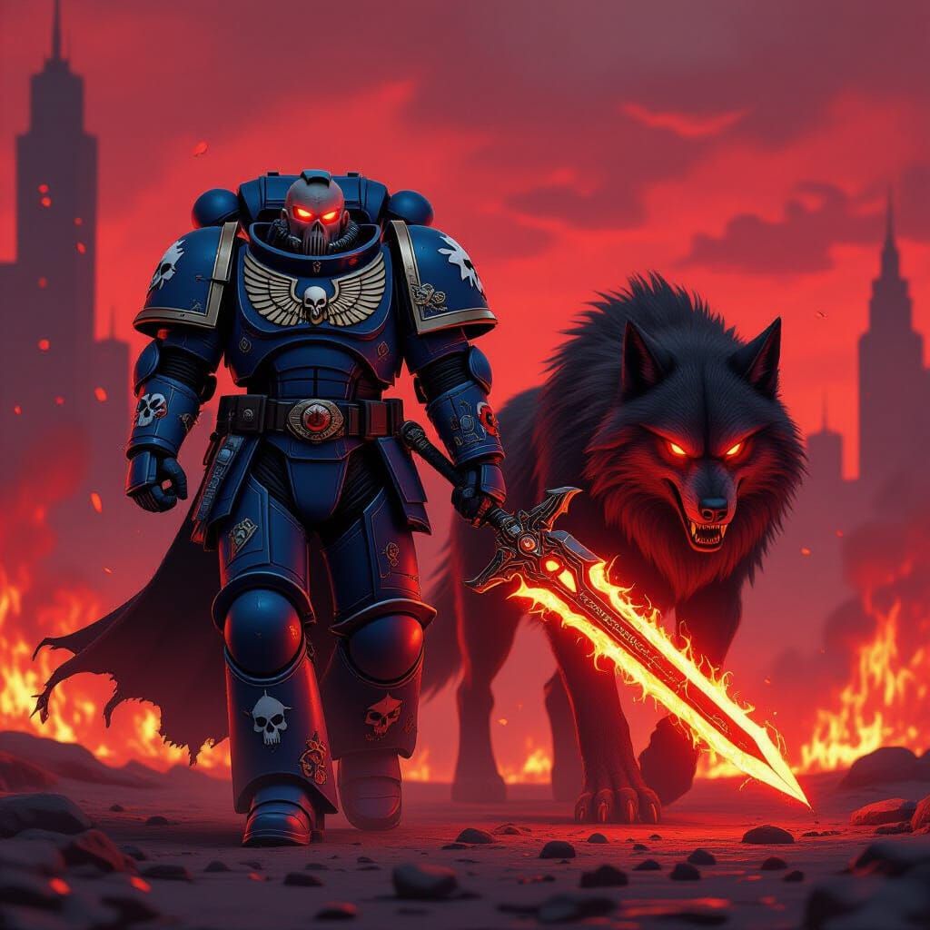 Space Marine and Firewolf Amidst Cyberpunk Inferno