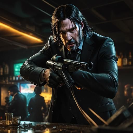 John Wick Gunfight in Neon-Lit Bar: Hyper-Realistic Art