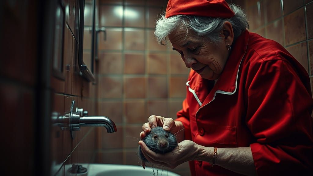 Elderly Attendant Scrubs Grimy Rat in Public Restroom