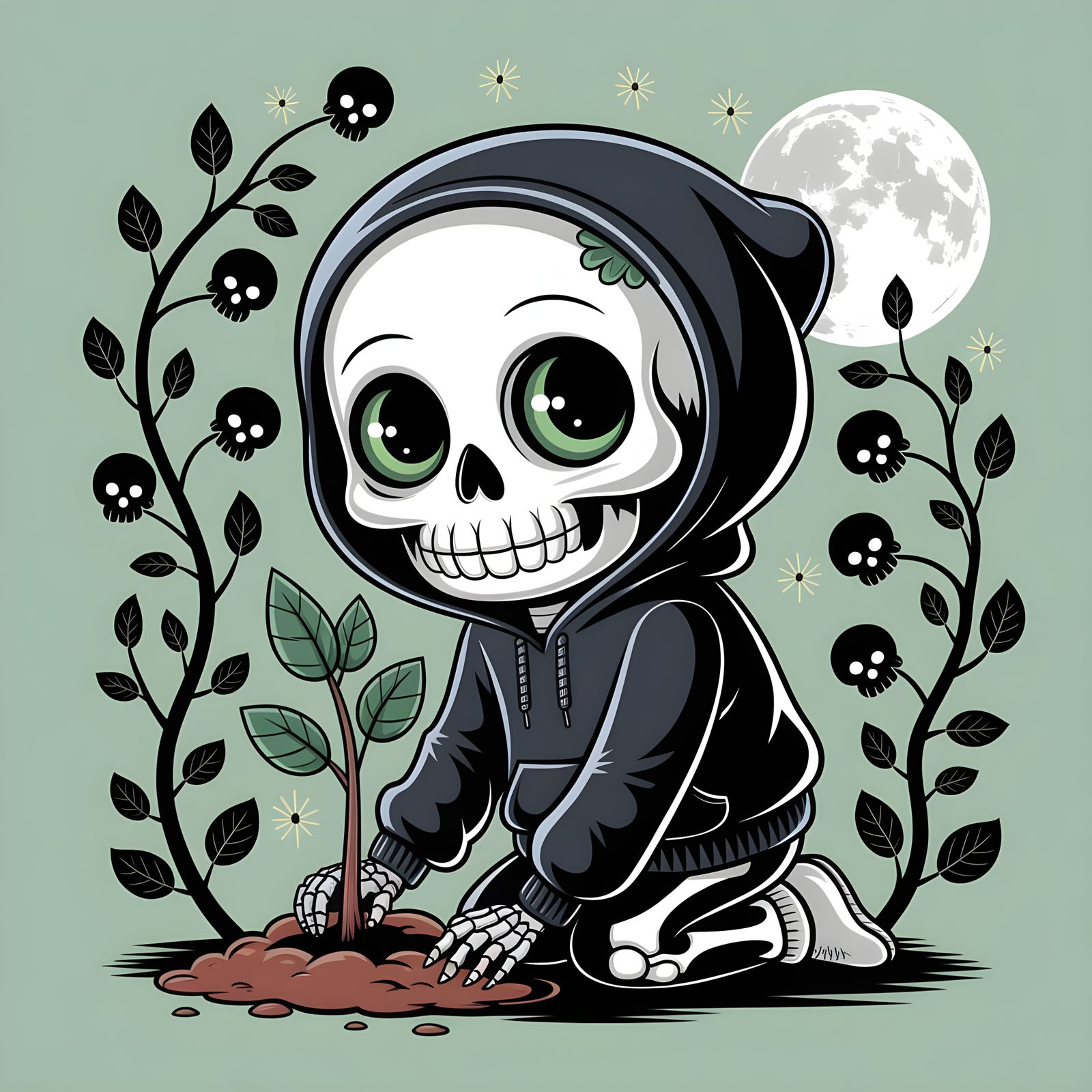 Whimsical Gothic Skeleton Honors Earth Day in a Cozy Scene