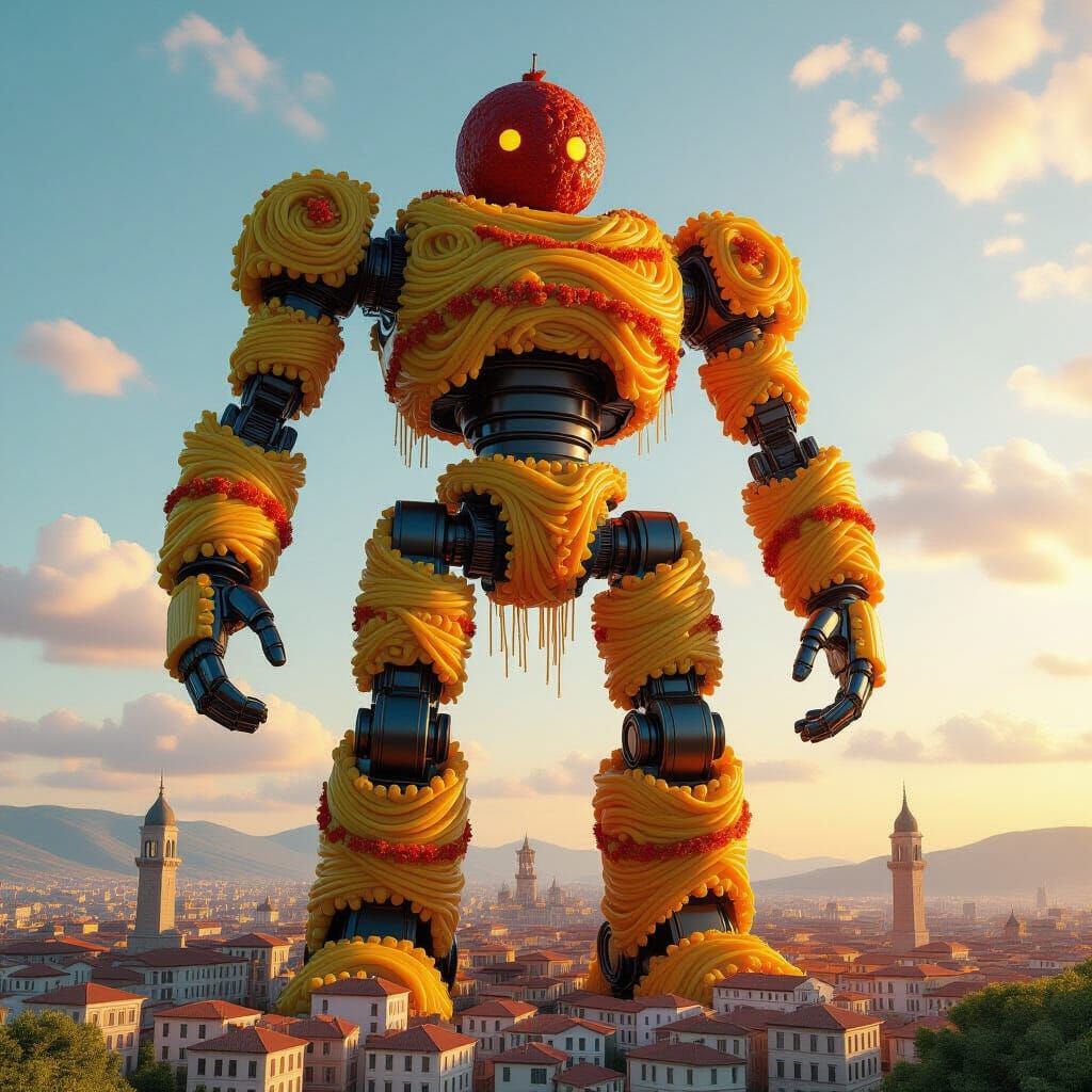 Pasta Robot Towers Over City: Hyperrealistic Dreamscape