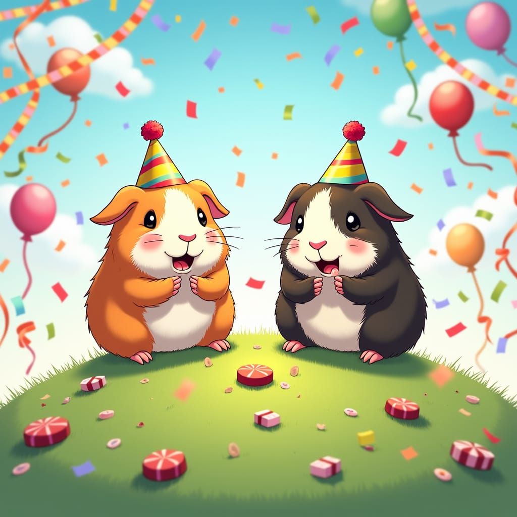 Guinea Pig Party on a Hill in Anime Style