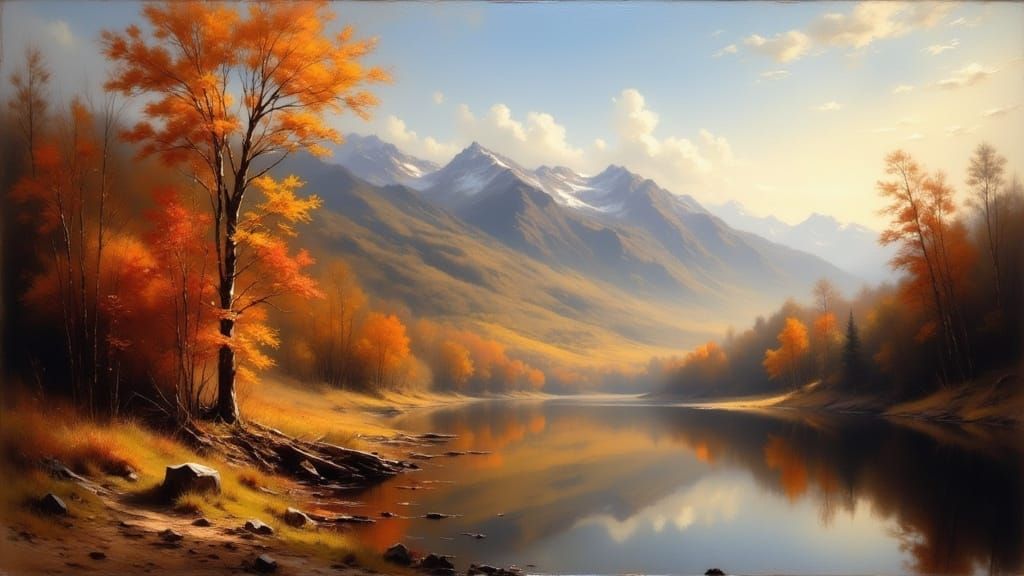 Golden Autumn Mountain Lake Oil Painting