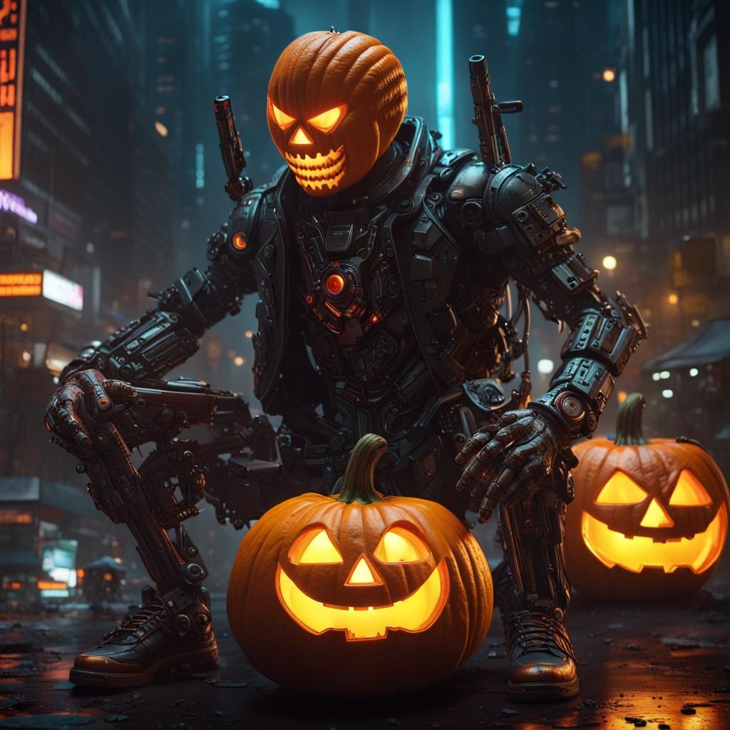 Cyberpunk Pumpkin Man with Cybernetic Enhancements