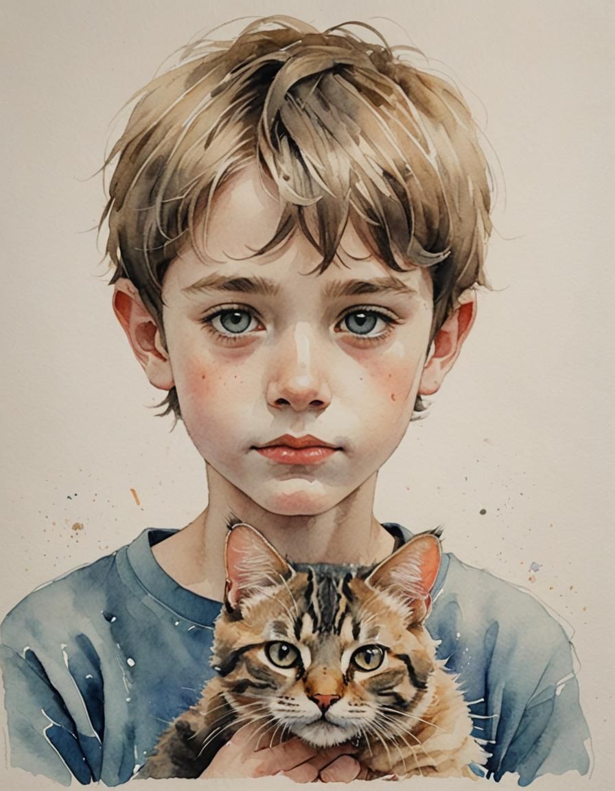 Watercolor Portrait: Boy Holding Cat