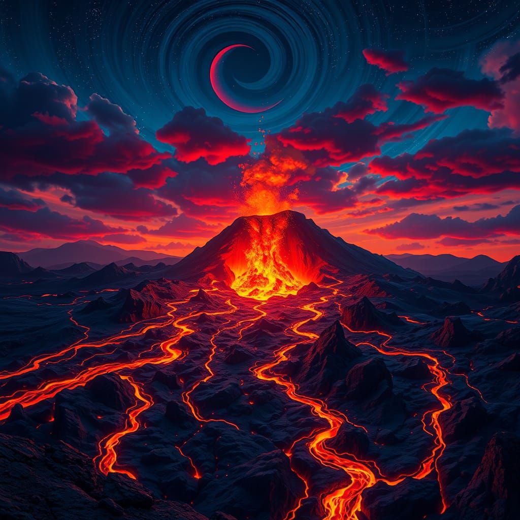 Dramatic Volcanic Landscape in Realistic, Vibrant Art