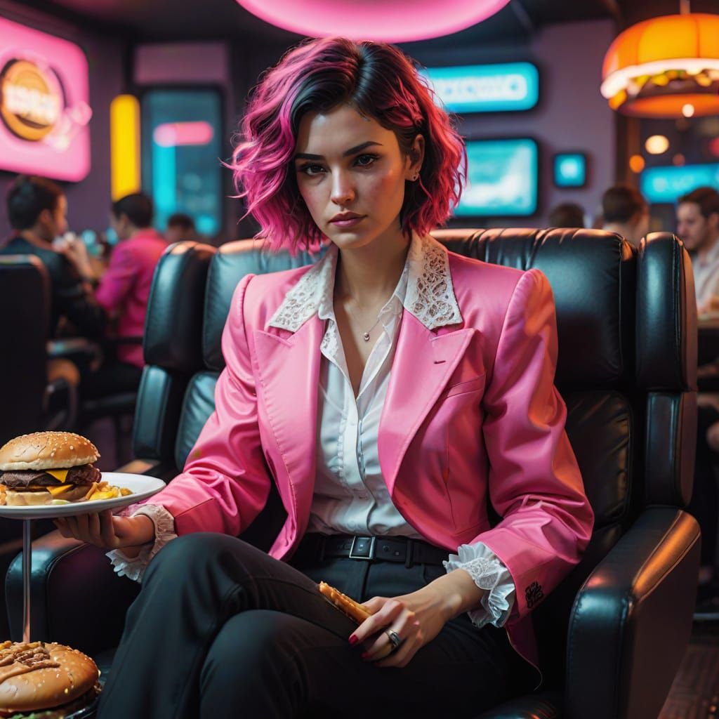 Cyberpunk Woman Eating Hamburger in Cozy Chair