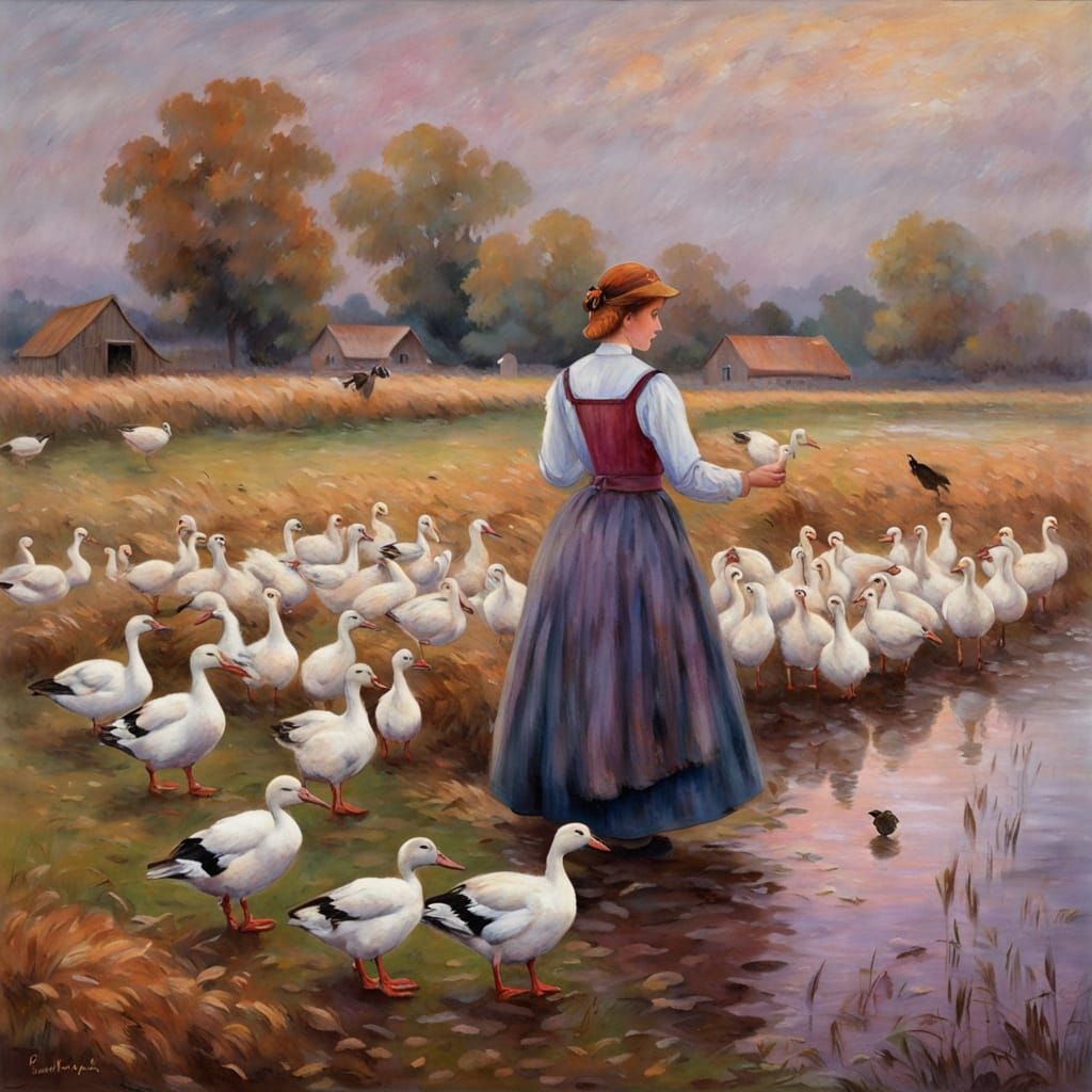 French Lady Feeds Ducks and Geese in a Farm at Dawn