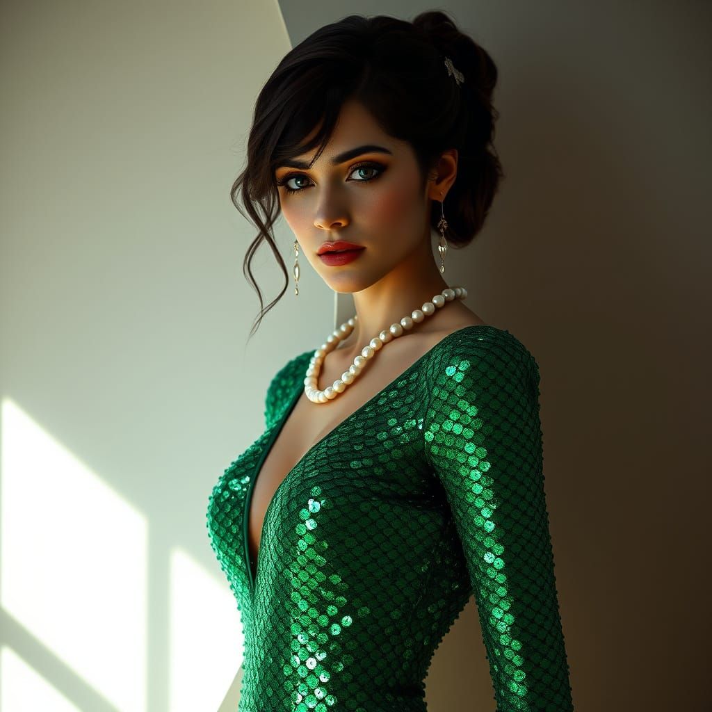 A glamorous portrait photograph of a young woman wearing a s...