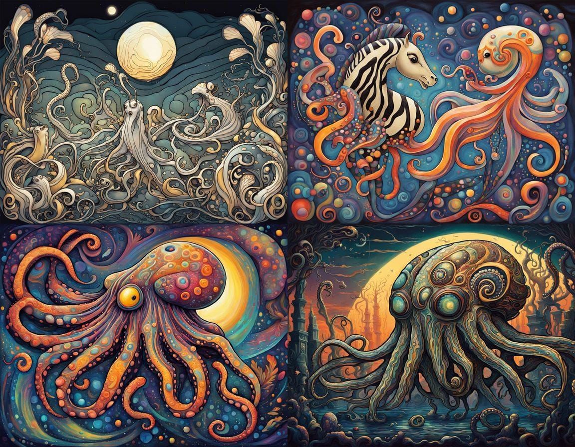 Surreal Creature with Zebra Octopus Googly Eyes in Art Nouve...