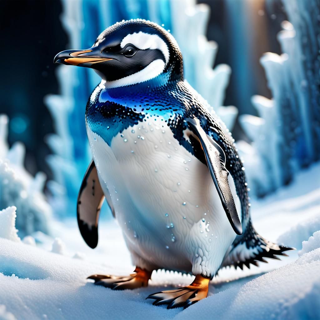 Hyperrealistic Blue Crystal Penguin in Snow