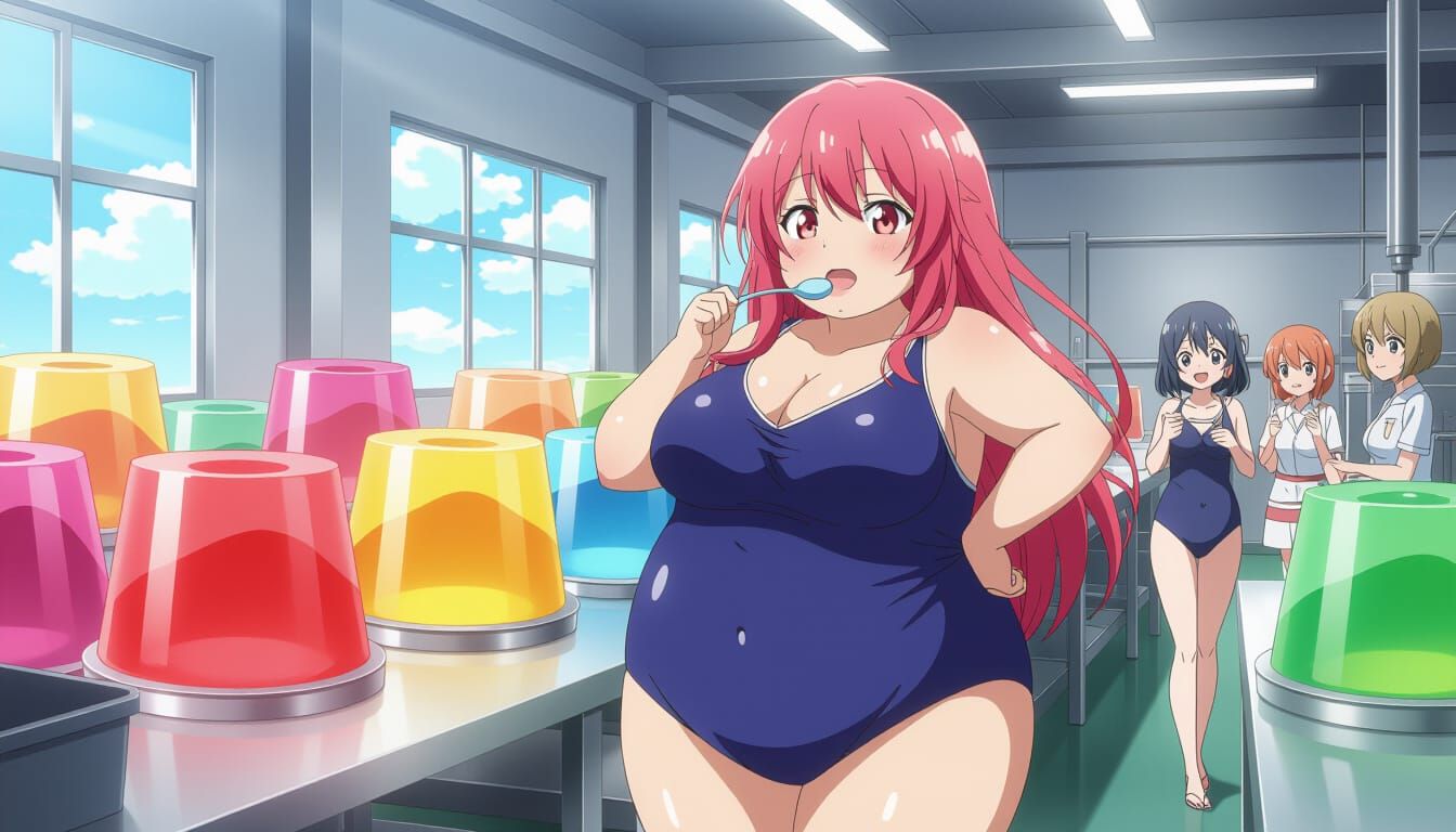 Ultra Obese Anime Girl Enjoys Jell-O in Factory