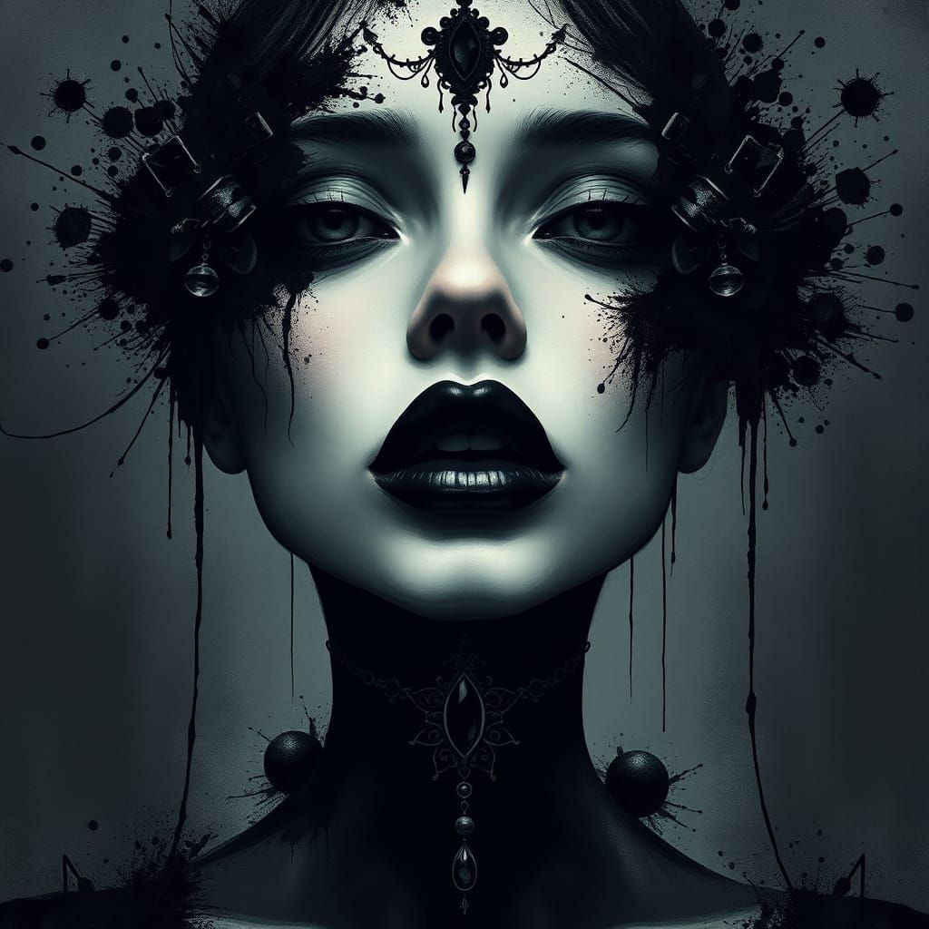 Mysterious Woman with Black Lips and Gemstone Pendant