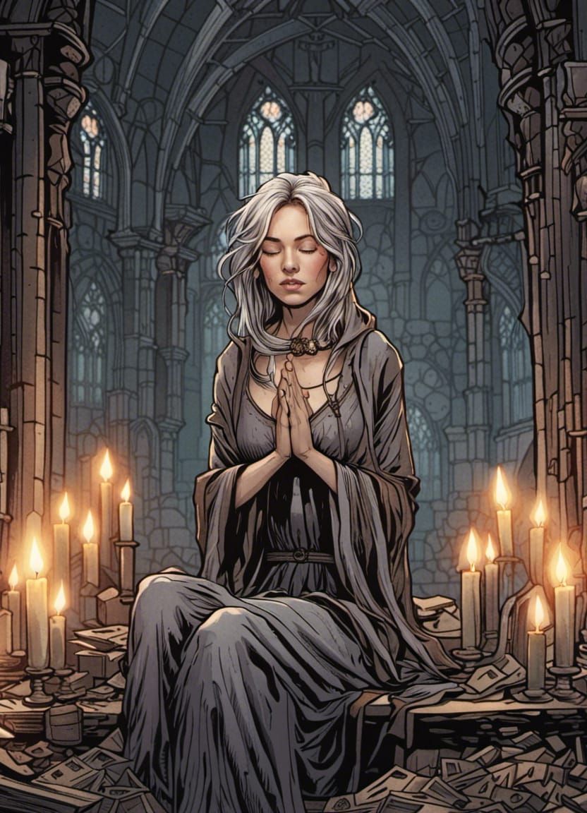 Gothic Girl Meditating in Ruined Chapel, Comic Book Art