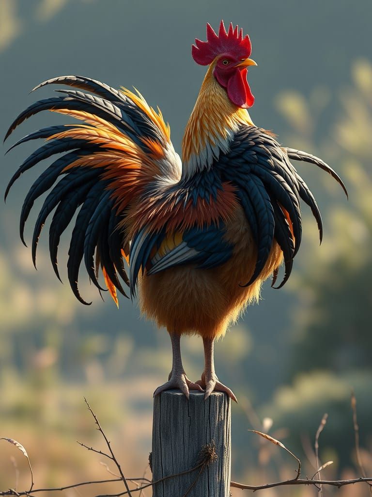Regal Rooster on Fence Post, Inspired by 3D Anime Art