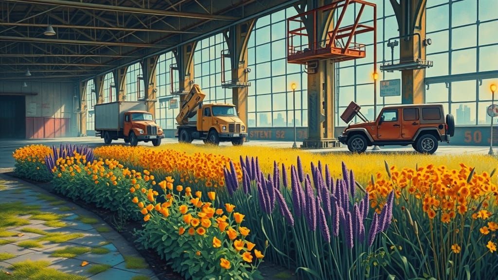 Abandoned Factory Overgrown with Flowers in Comic Book Style