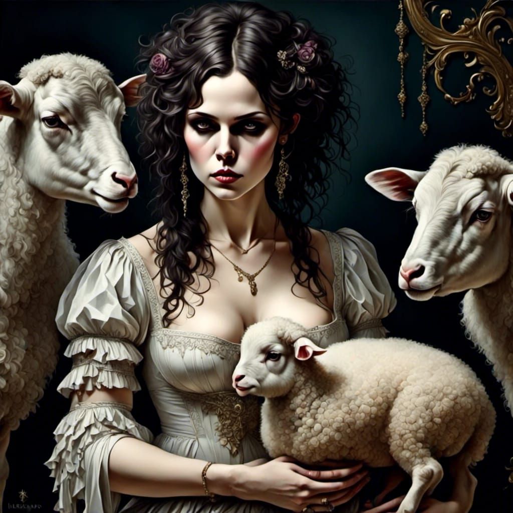 Girl Feeding Sheep in Whimsical Style