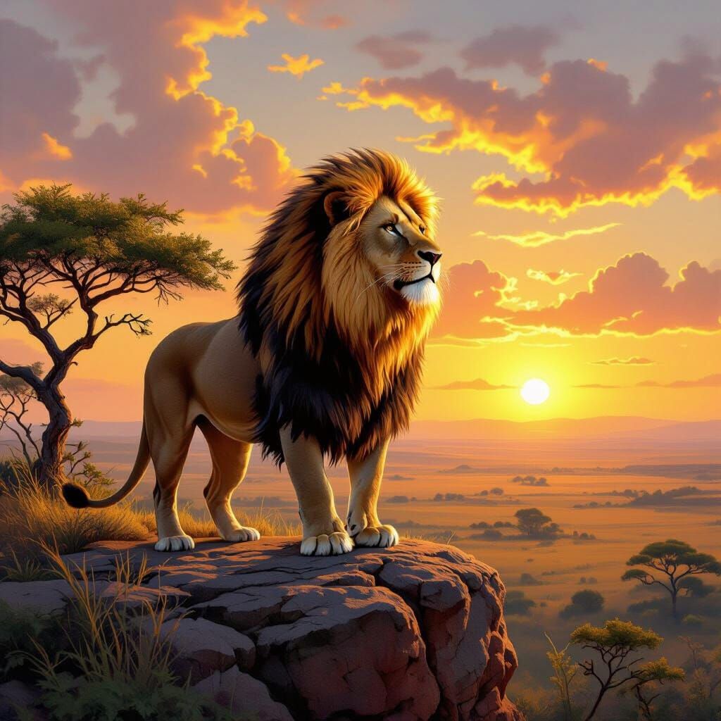 Lion Overlooking Savanna at Sunset, Naturalistic Painting